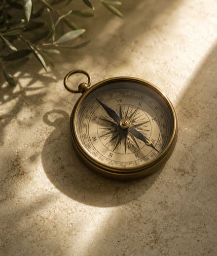 A compass resting in warm natural light