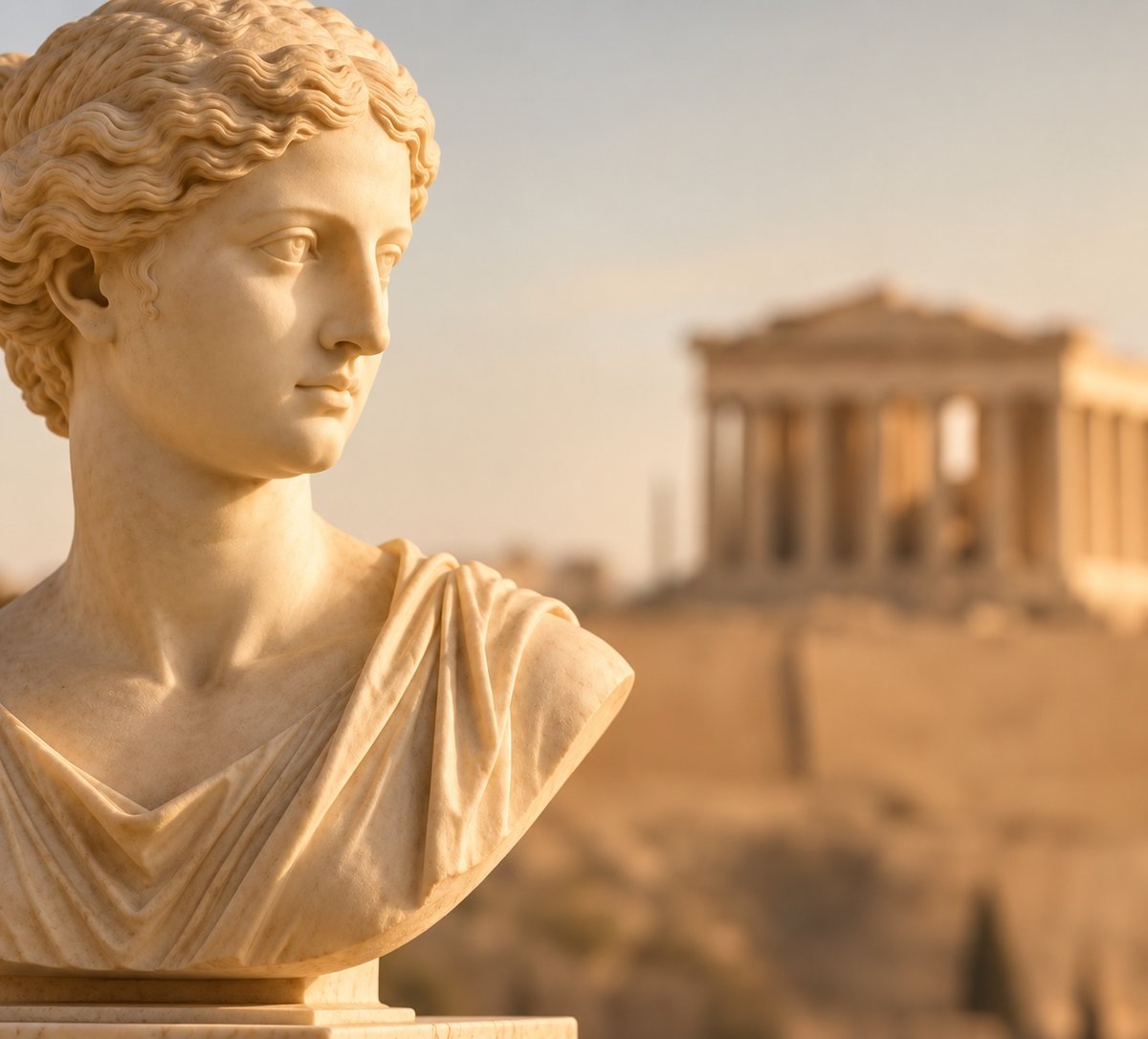 A classical sculpture overlooking an ancient temple in warm light