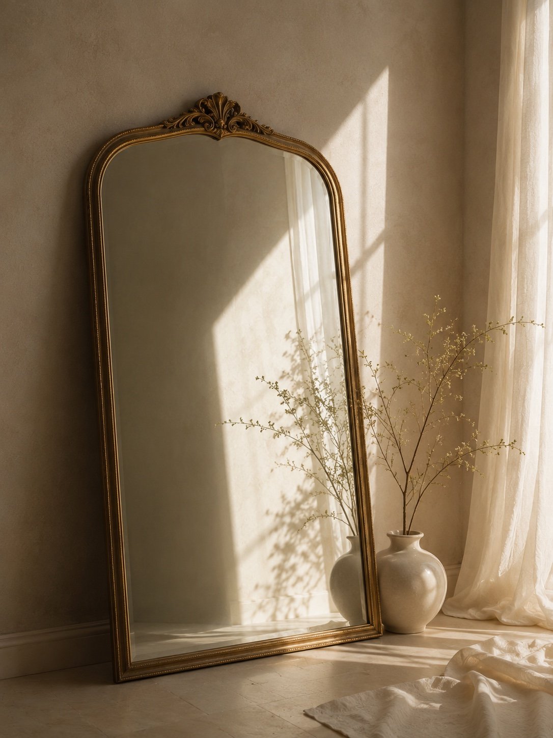 An antique gold-framed mirror in warm morning light