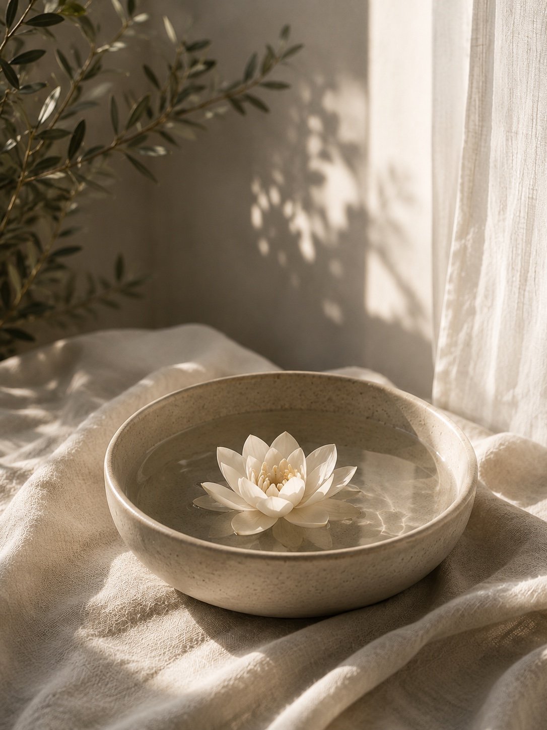 A white water lily resting in a ceramic bowl