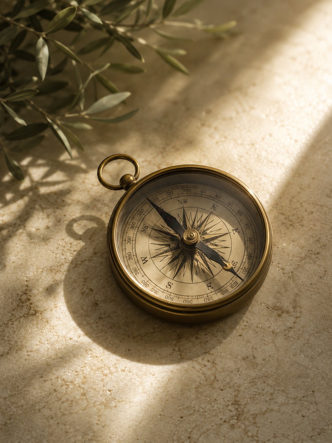 A compass resting in warm natural light